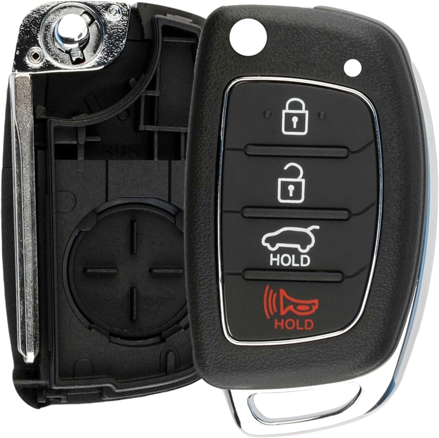 KeylessOption Keyless Entry Remote Car Key Fob Shell Case 4-Button Flip Replacement for 2013 2014 2015 2016 2017 2018 2019 Hyundai Santa Fe Tucson (TQ8-RKE-3F04, TQ8-RKE-4F31, TQ8-RKE-4F25)
