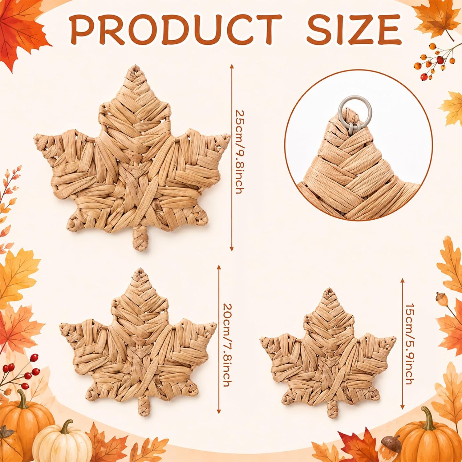 Pinkunn 3 Pcs Fall Handmade Wicker Wall Decor, 3 Sizes, Maple Leaves