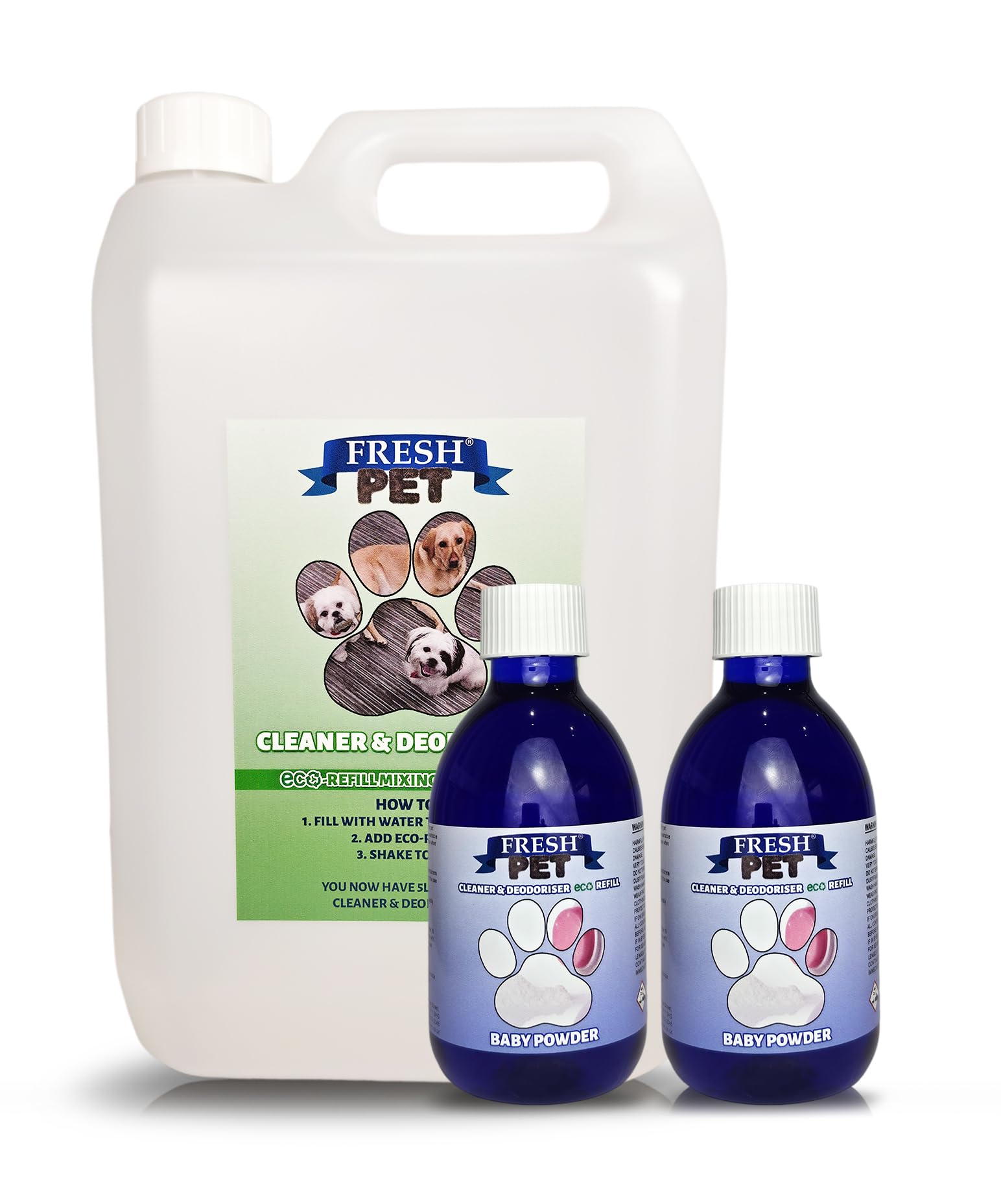 Fresh Pet eco-Refill Kennel Disinfectant 2x 250ml w/ Empty 5L (Baby Powder)