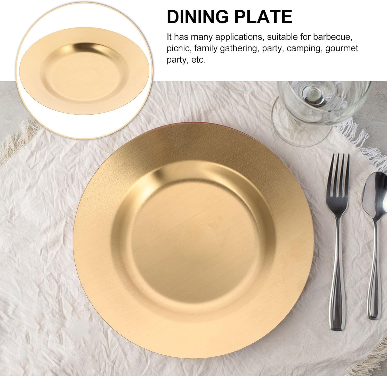Ciieeo Dinner Plate with Smooth Surface and Scratch-resistant Design Sturdy Golden Finish round Stainless Steel for Camping and Gourmet Party Serving