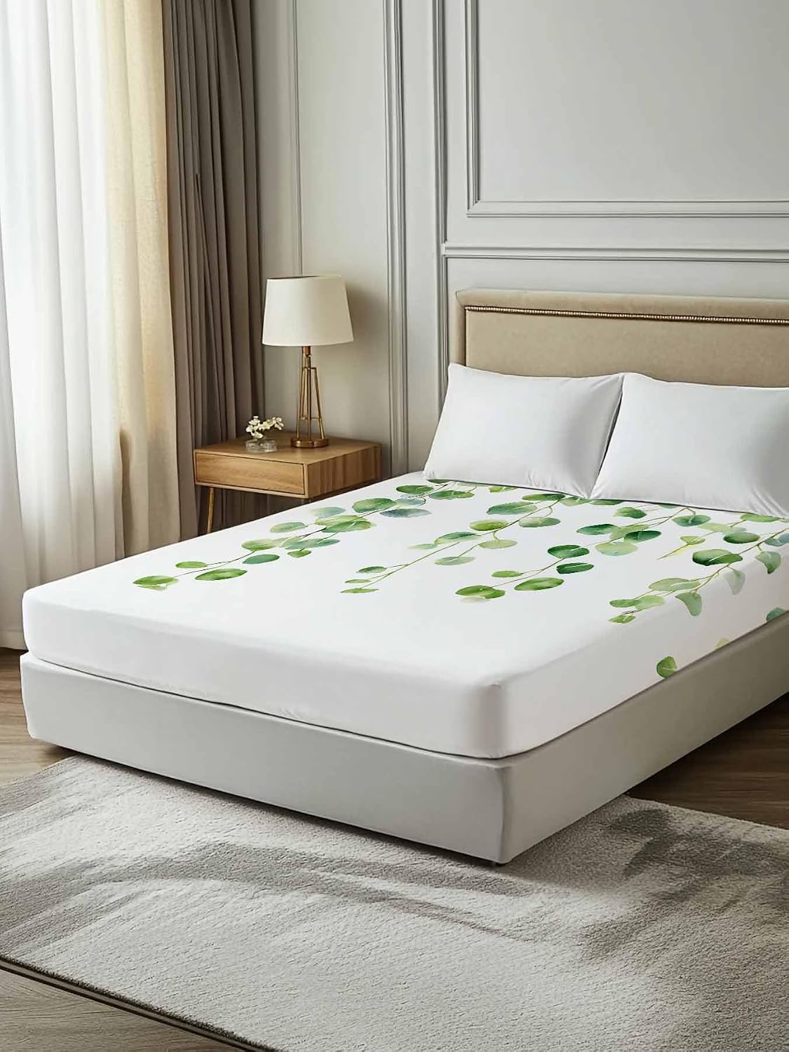 Top Sheet Full Bedding Flat Sheet Only, Spring Green Summer Eucalyptus Leaf Microfiber Bed Sheets Soft Breathable Bedding Flat Sheets, Pastoral Botantical Hotel Luxury Top Sheets