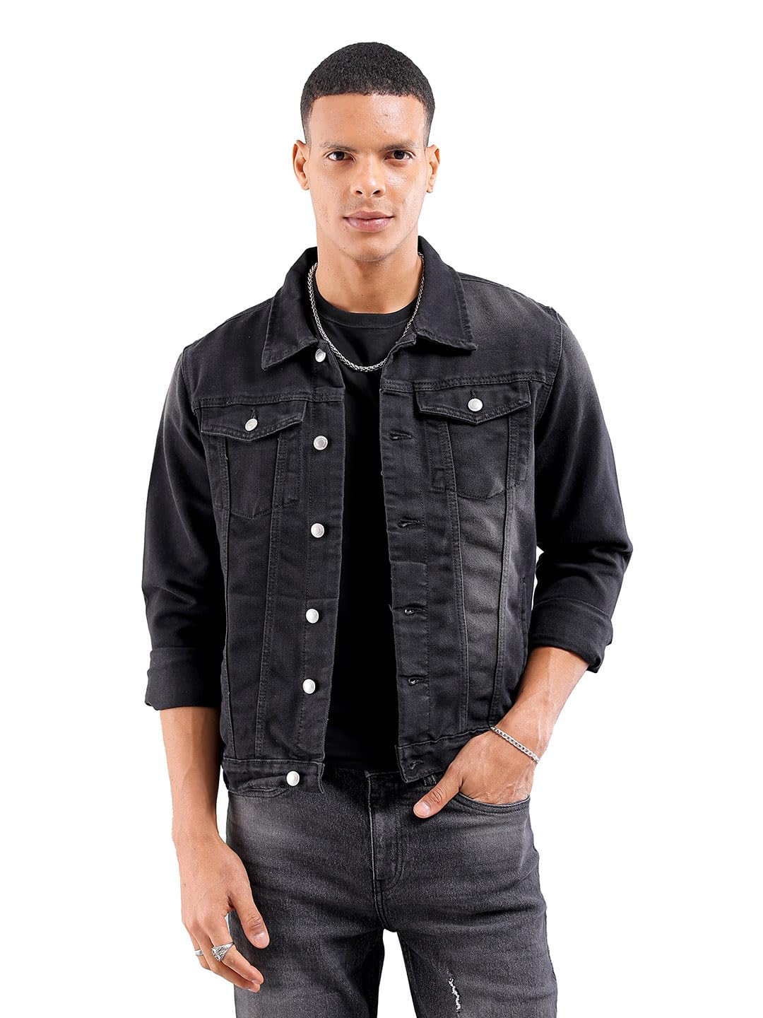 the indian garage co Men Black Solid Slim Fit Trucker Jacket (Black_L)-picture-17