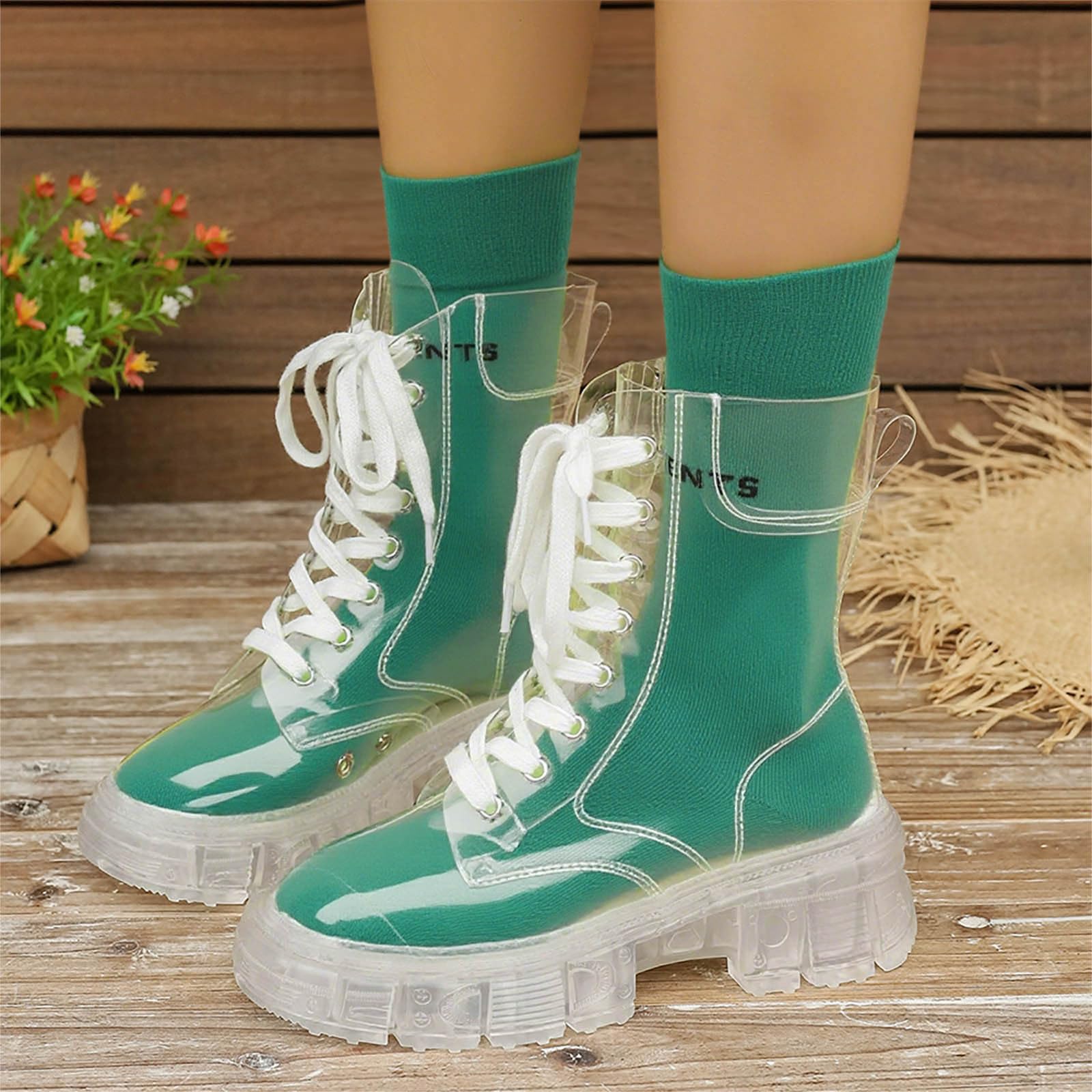 Botas Chelsea altas con suela de plataforma de cuero para mujer, tacón bajo y grueso, fáciles de poner en bloque, días lluviosos, ciudad, caminar, impermeables, antideslizantes, Green, 40 EU
