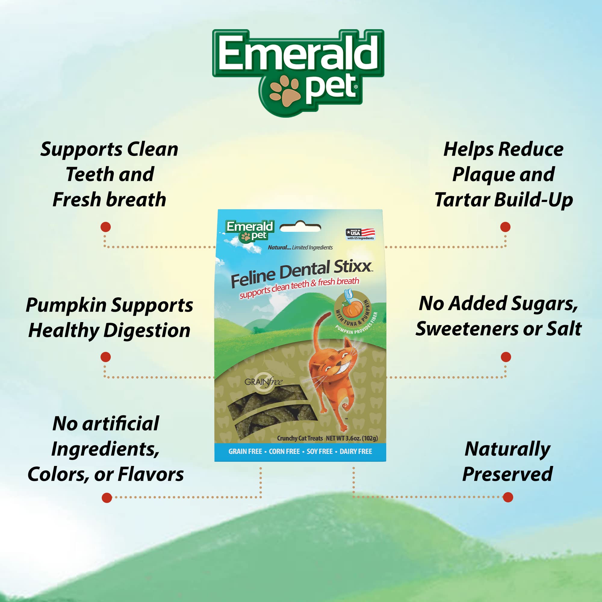 Emerald Pet Feline Dental Stixx — Tasty and Crunchy Cat Sticks with Pumpkin for Digestive Health — Natural Grain Free Treats for Clean Teeth and Fresh Breath — Tuna, 3.6 oz - image 4