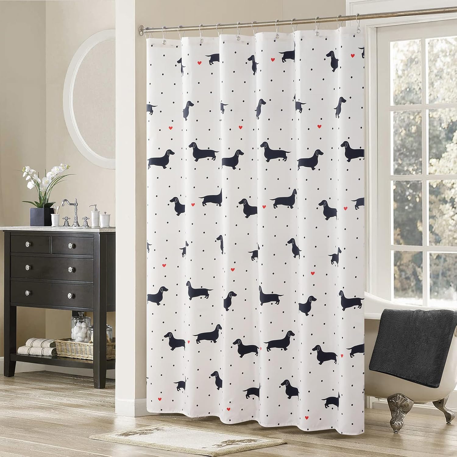 Hannah Cute Dachshund Dog Printed Beige Waterproof Polyester Fabric Black Animal Lovely Kids Shower Curtain for Bathroom,72" W x 72" L