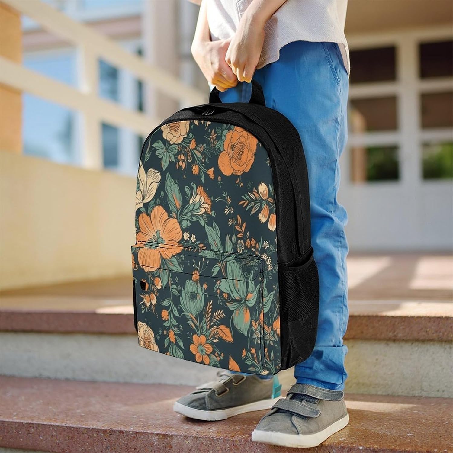 Orange And Green Flowers Backpack Daypack Travel Backpack | Lightweight Casual Laptop Backpack for Women Men Aesthetic Travel Bag for Weekender Business Hiking Outdoor