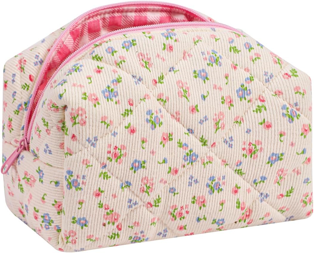 uekeboag Cute Small Quilted Cotton Makeup Bag(08Blue and Pink Flower)
