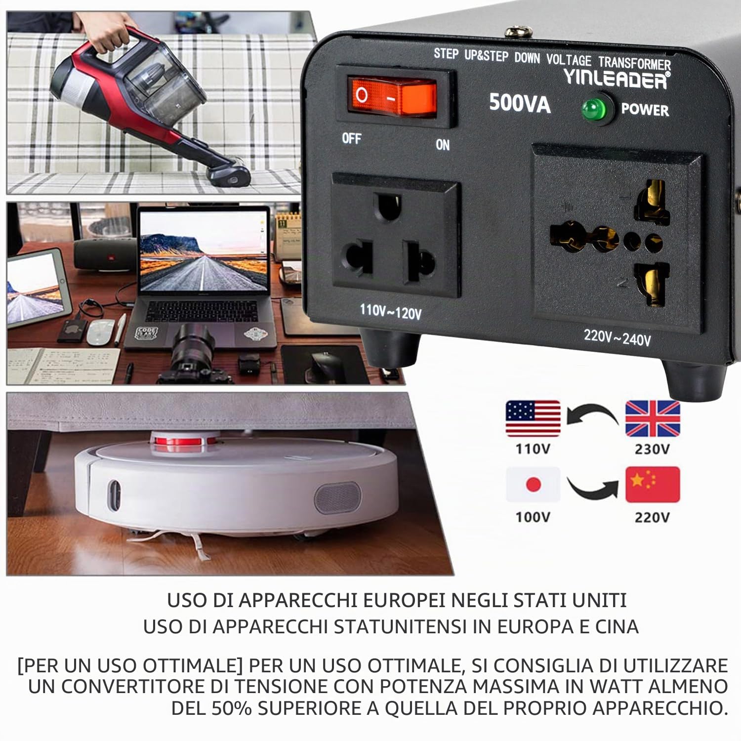 Yinleader 500 VA 230 V fino a 110 V USA Trasformatore di tensione a nucleo toroidale - Ingresso: 220 V / Uscita: 110 V e 220 V