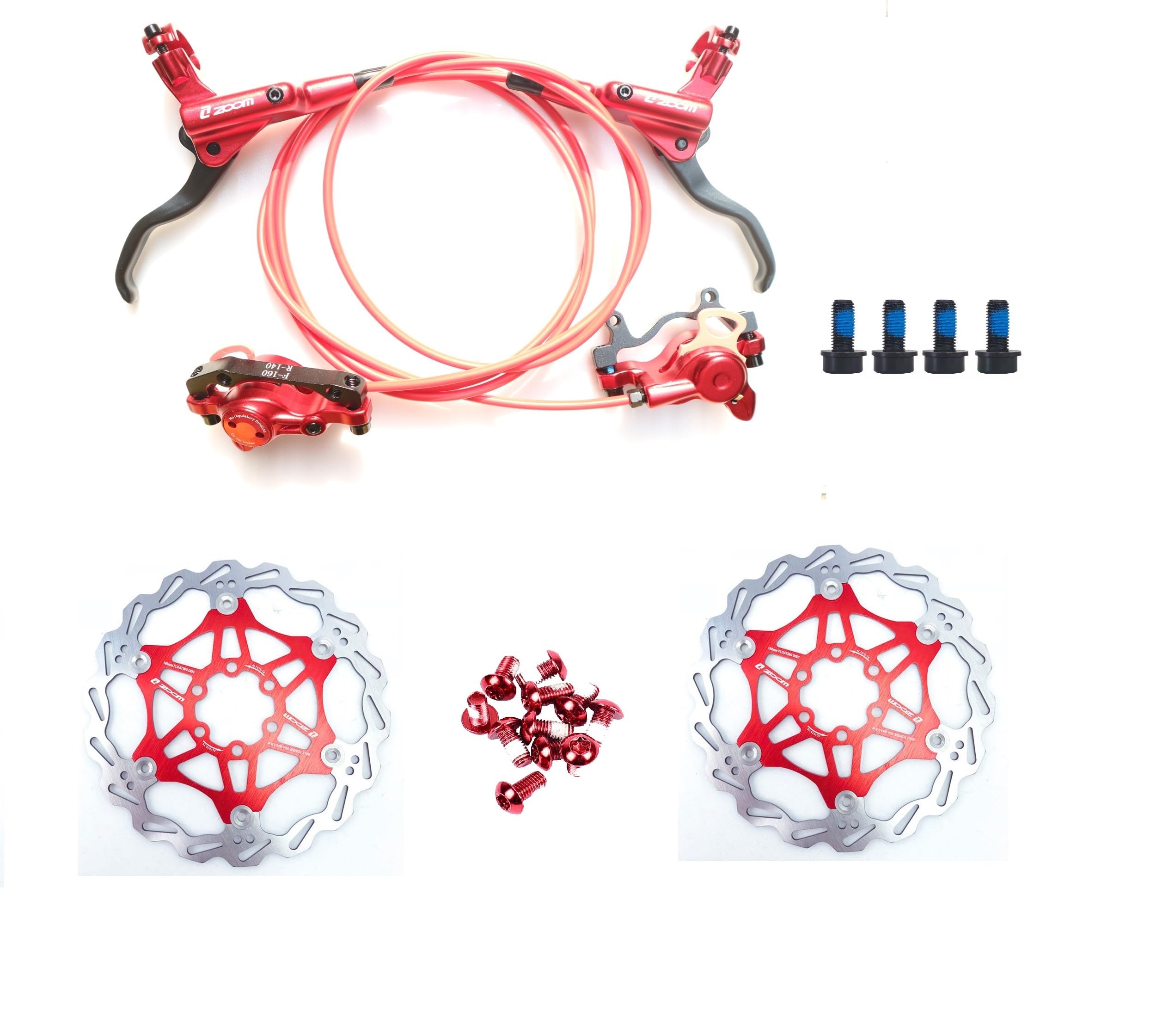 NYK Zoom Hydraulic Disc Brakes Pro Mountain Bike Sets MTB Front & Rear Set including Floating Disc Rotor 160mm & Color Bolts (Red)