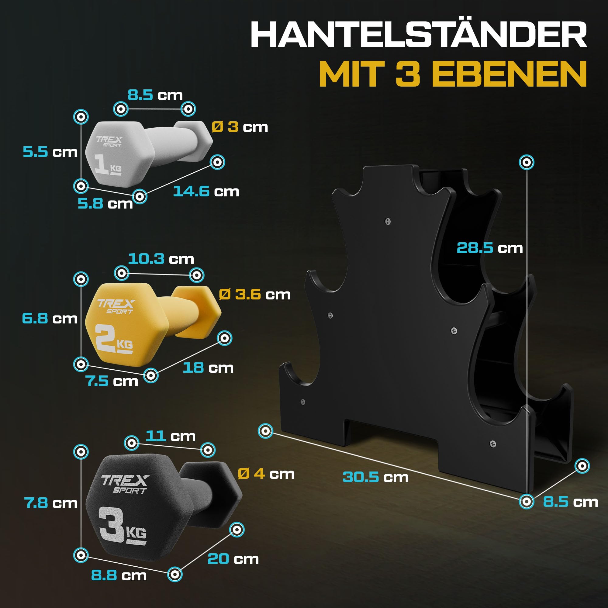 TREX SPORT Zestaw hantli neoprenowych ze stojakiem na hantle | zestaw 6 krótkich hantli 2 x 1 kg, 2 x 2 kg, 2 x 3 kg | zestaw hantli dla kobiet i mężczyzn