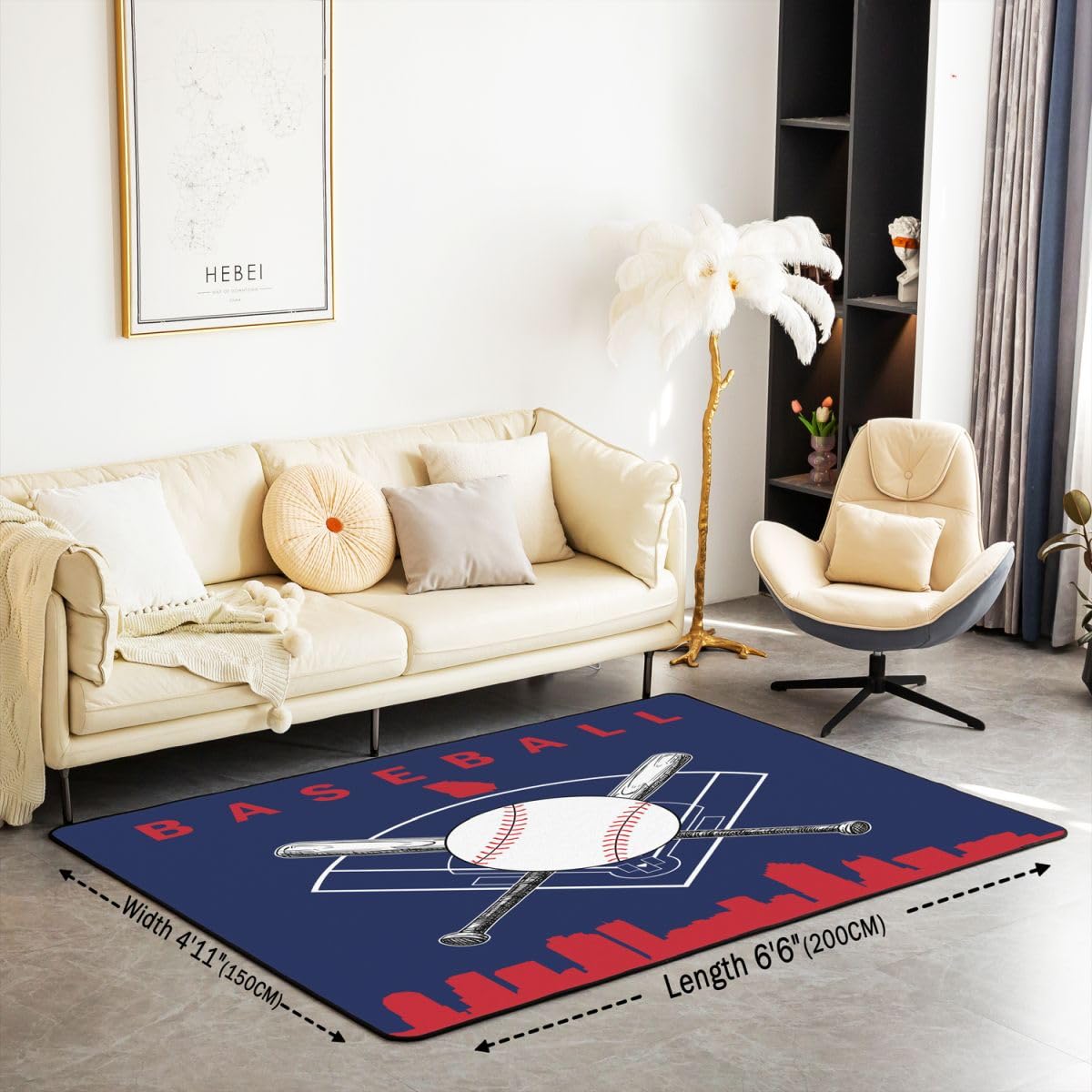 Homewish Chłopięcy dywan baseballowy 100 x 150 cm do sypialni salonu - gry w piłkę chłopcy nowoczesny dywan podłogowy gra sportowa duże dywany sylwetka miasta niegubi dywan granatowy