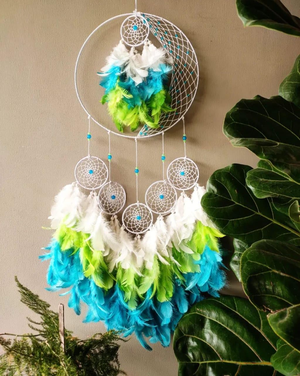 UVID ART AND CRAFT SUPPLIES Dream Catcher, Green and Sky Blue, Fabric, Hanging, Traditional and Modern Blend, Bohemian Style, Medium Size, Perfect for Celebratory, Social, Personal Events