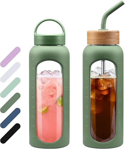 Miniatura 16 de Botella de agua de vidrio de 32 onzas, vaso de vidrio de 1 litro con pajilla, botellas reutilizables con 2 tapas, tapa con asa y tapa de popote de