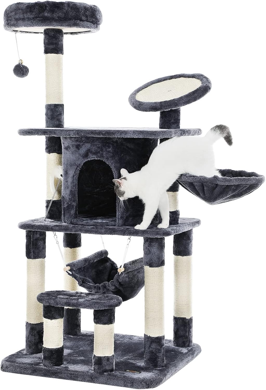 White cat jumping onto the basket lounger of the Feandrea Cat Tree PCT25G