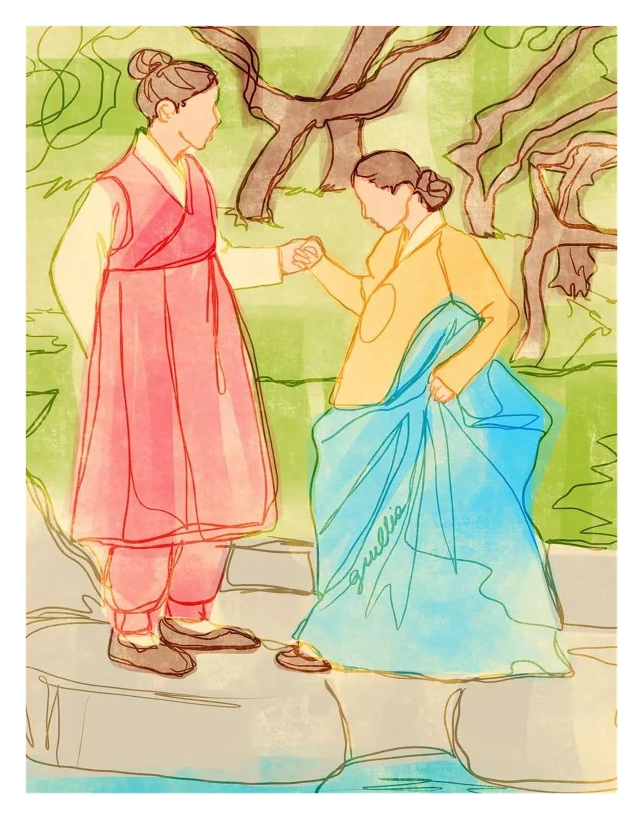BYAMBD Aesthetic Pictures Korean Landscape Prints Poster No Frame Couples Wearing Hanbok Oriental Women Canvas Painting Wall Art Home Decoration(N,50x70cm)