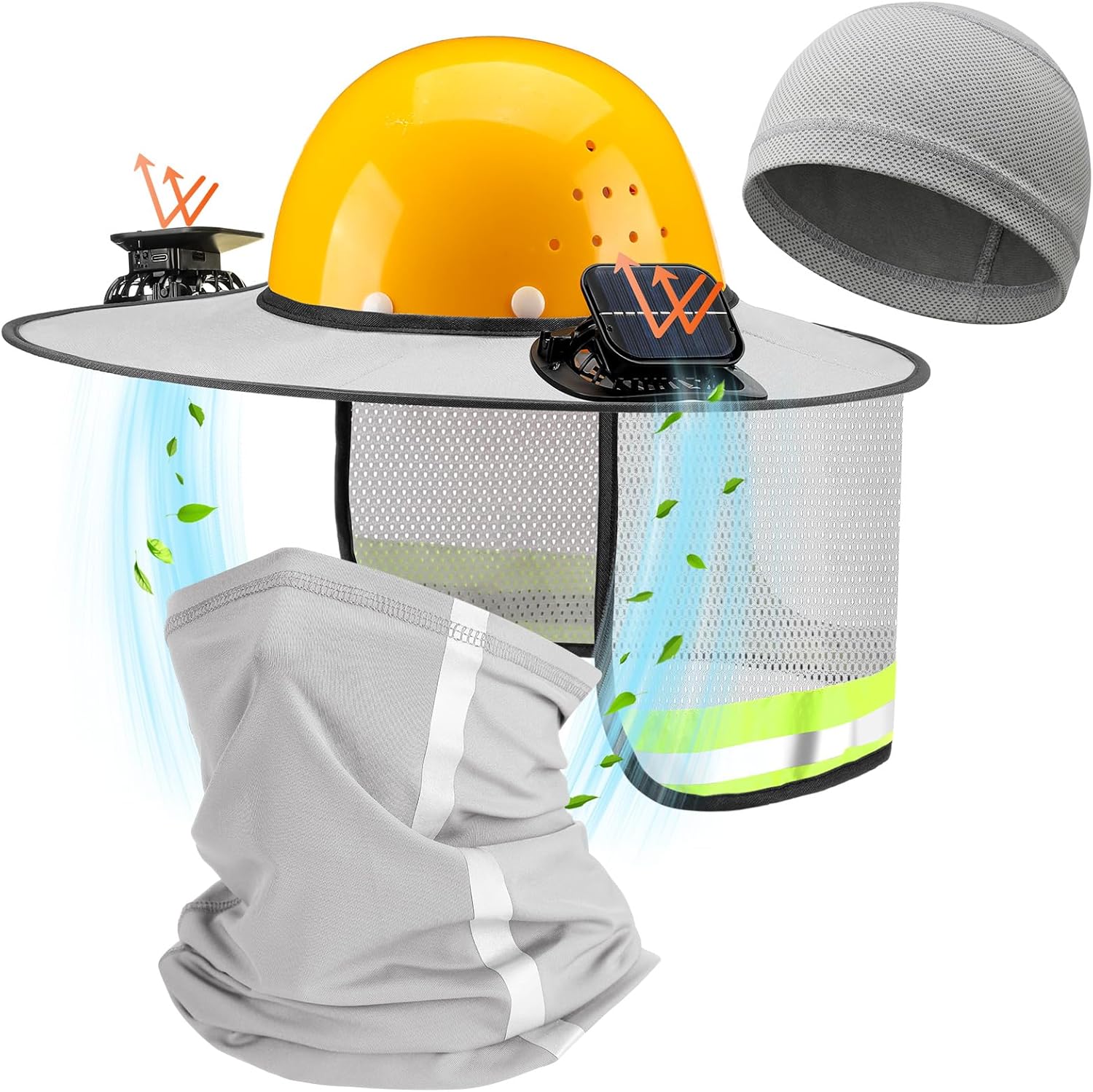 1 Sun Hard Hat Shade Full Brim with Solar Fans, Cooling Helmet Liner, Neck Sunshade Cover High Visibility Mesh with Reflective Strip Summer Protection Accessories(Light Gray)