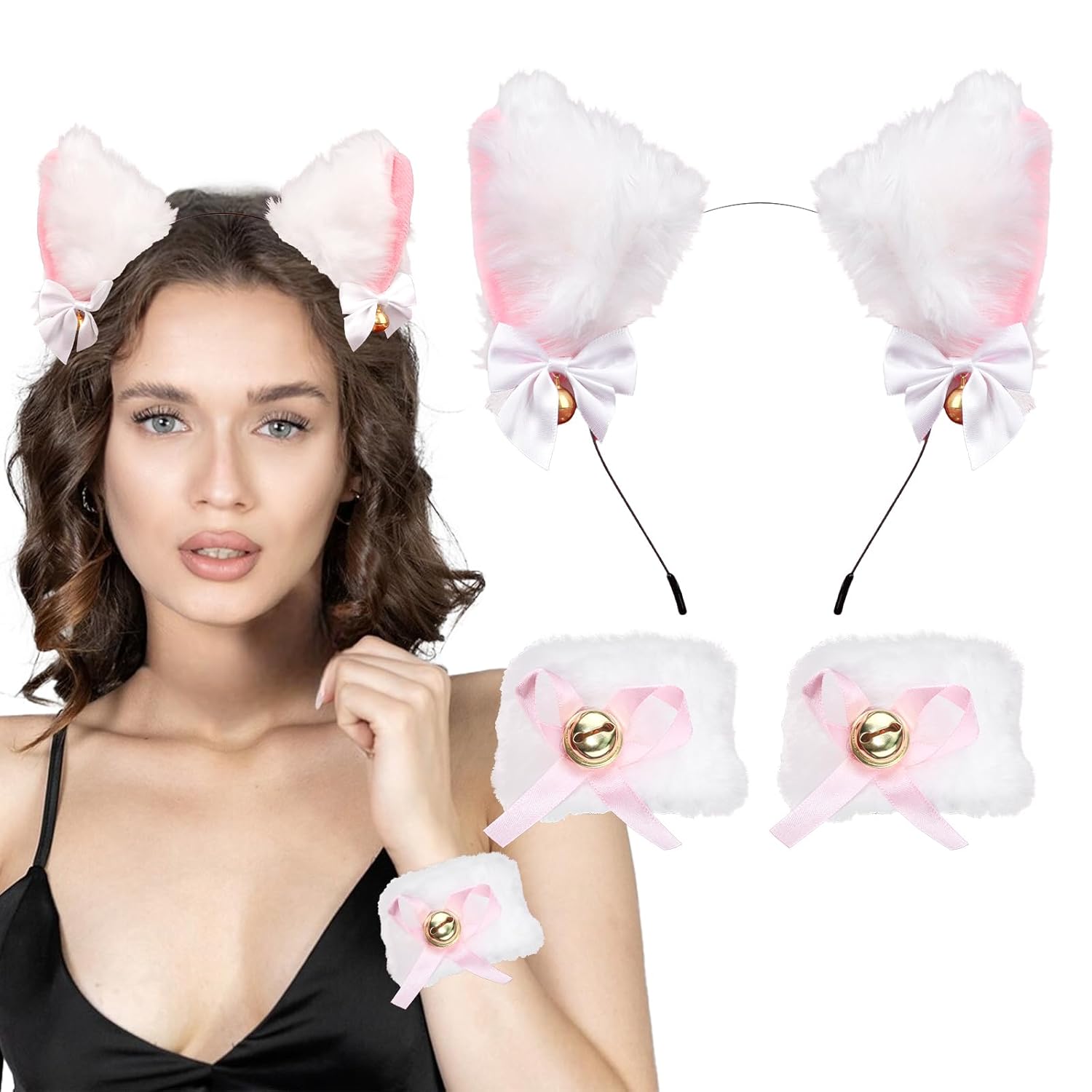 Cat Ear Headband and Wristbands for Women White and Pink Cat Ears Headbands Animal Headband for Halloween Cosplay Accessories Set for Theme Party Fluffy Cat Ear Hair Band with Bells
