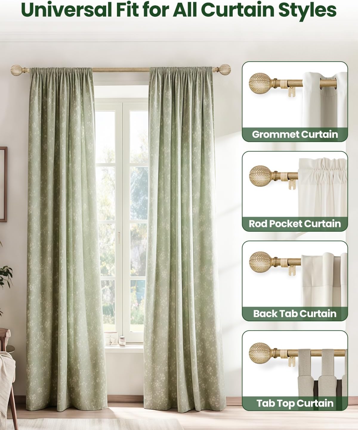 Wood Curtain Rods for Windows 66 to 120 Inch, 1 Inch Diameter Adjustable Drapery Rods with Imitation Wood Grain Finials, Decorative Heavy Duty Window Curtain Rod for Indoor Outdoor