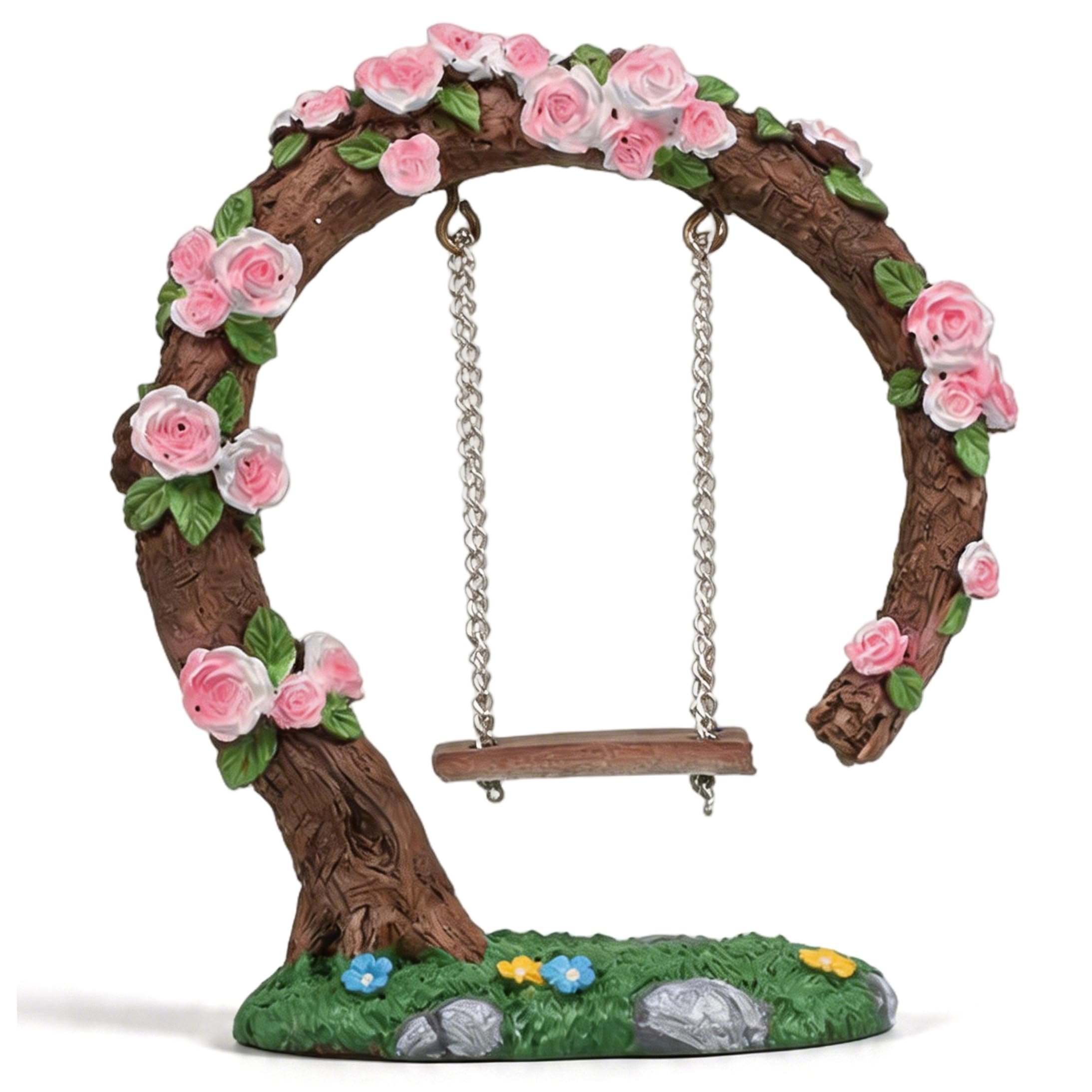 Fairy Garden Swing, Handmade Resin Fairy Garden Accessories Rose Flower Tree Figurine Outdoor for Micro Landscape & Aquarium Decor.
