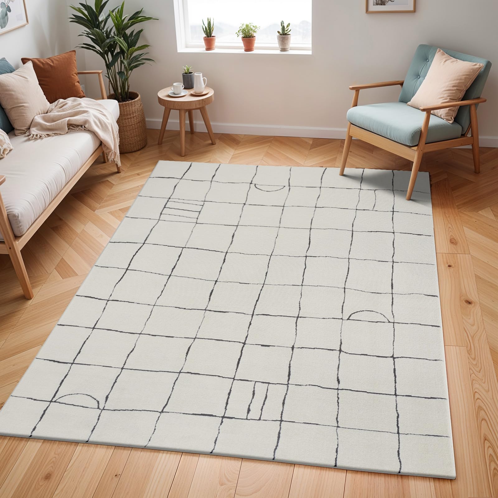 Livabliss Freud-Modern Ivory Black High Pile Living Dining Bedroom Rug 160 X 213 Cm Easy CareNon Shedding from B&Q