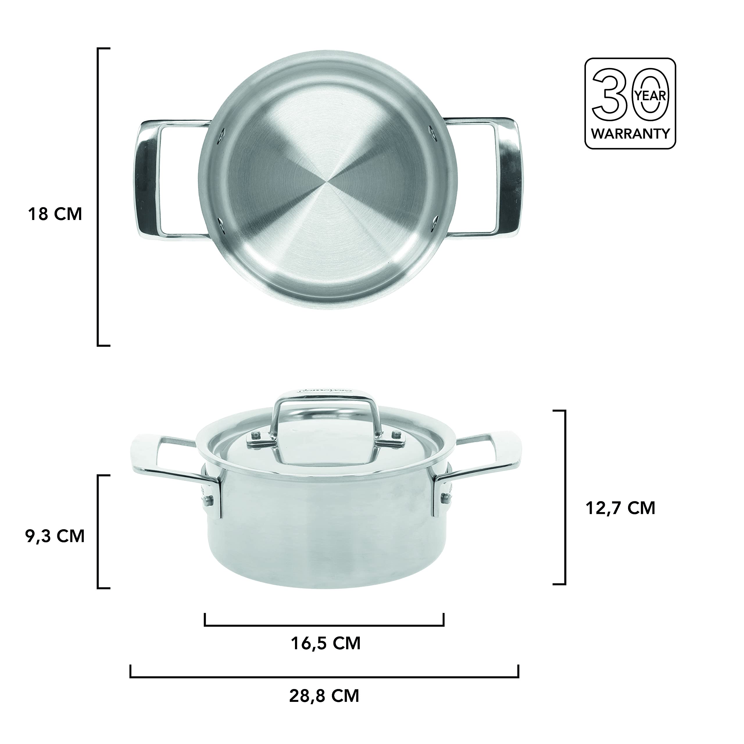 Demeyere Essential 5 Hochwertiger Kochtopf fuer Induktion und alle anderen Herdarten, Topf mit Deckel aus pflegeleichtem 5-lagigem Edelstahl mit 30 Jahren Qualitaets-Garantie, 18 cm gross