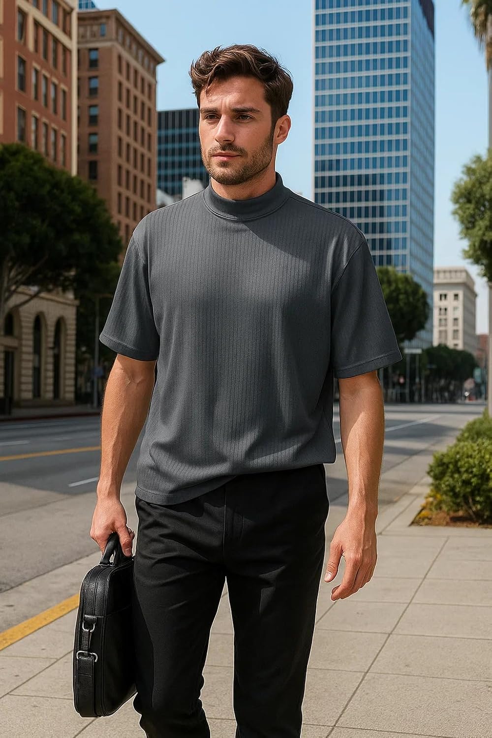 Akwa Men’s Mock Turtleneck T-Shirt Lightweight Moisture Wicking Short Sleeve Golf Work Ribbed Knit Breathable Made in USA