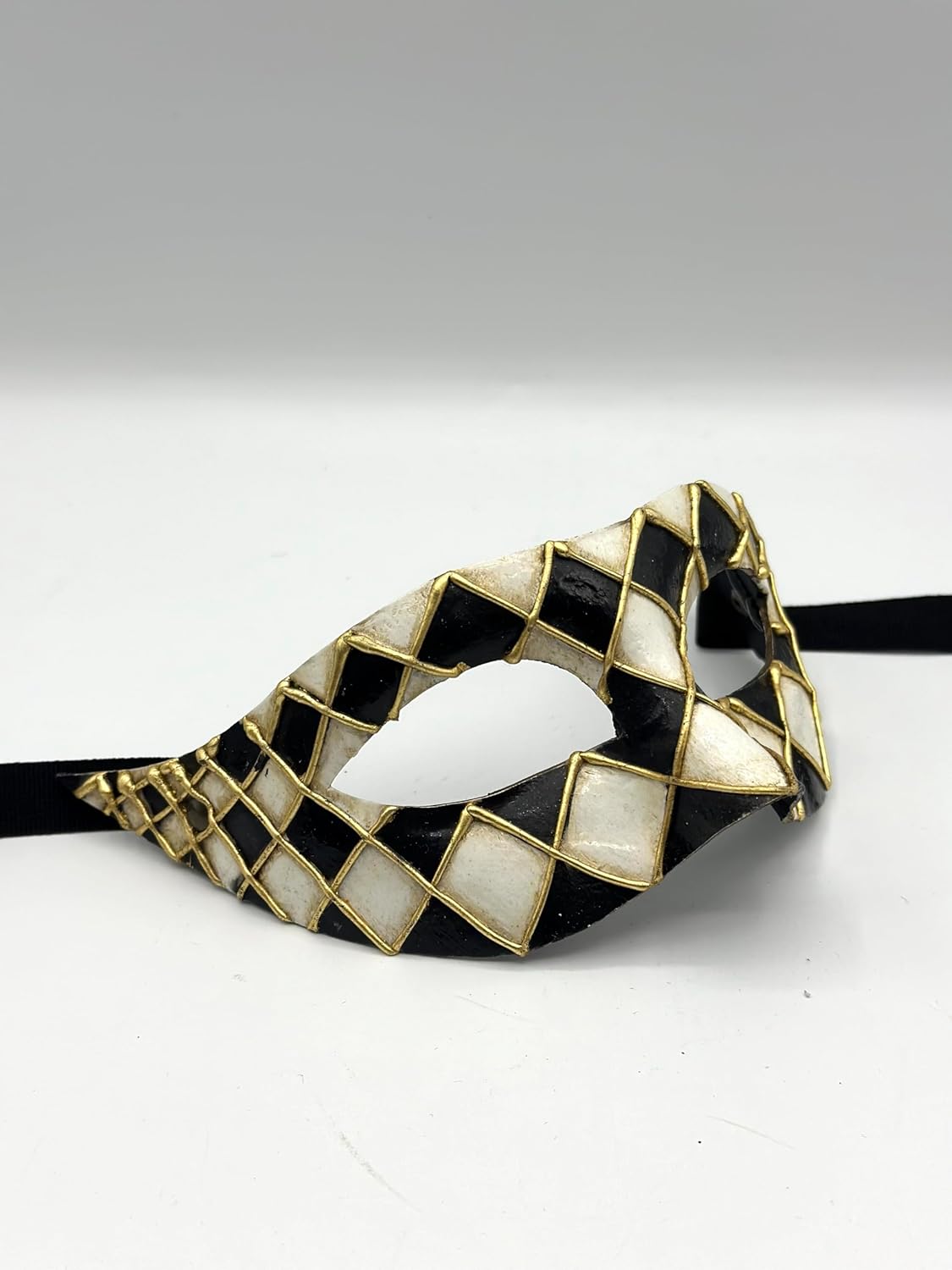 Venetian Harlequin Mask – Black & White with Gold Details – Handmade Papier Mache Masquerade Mask – Carnival, Halloween, Costume Party