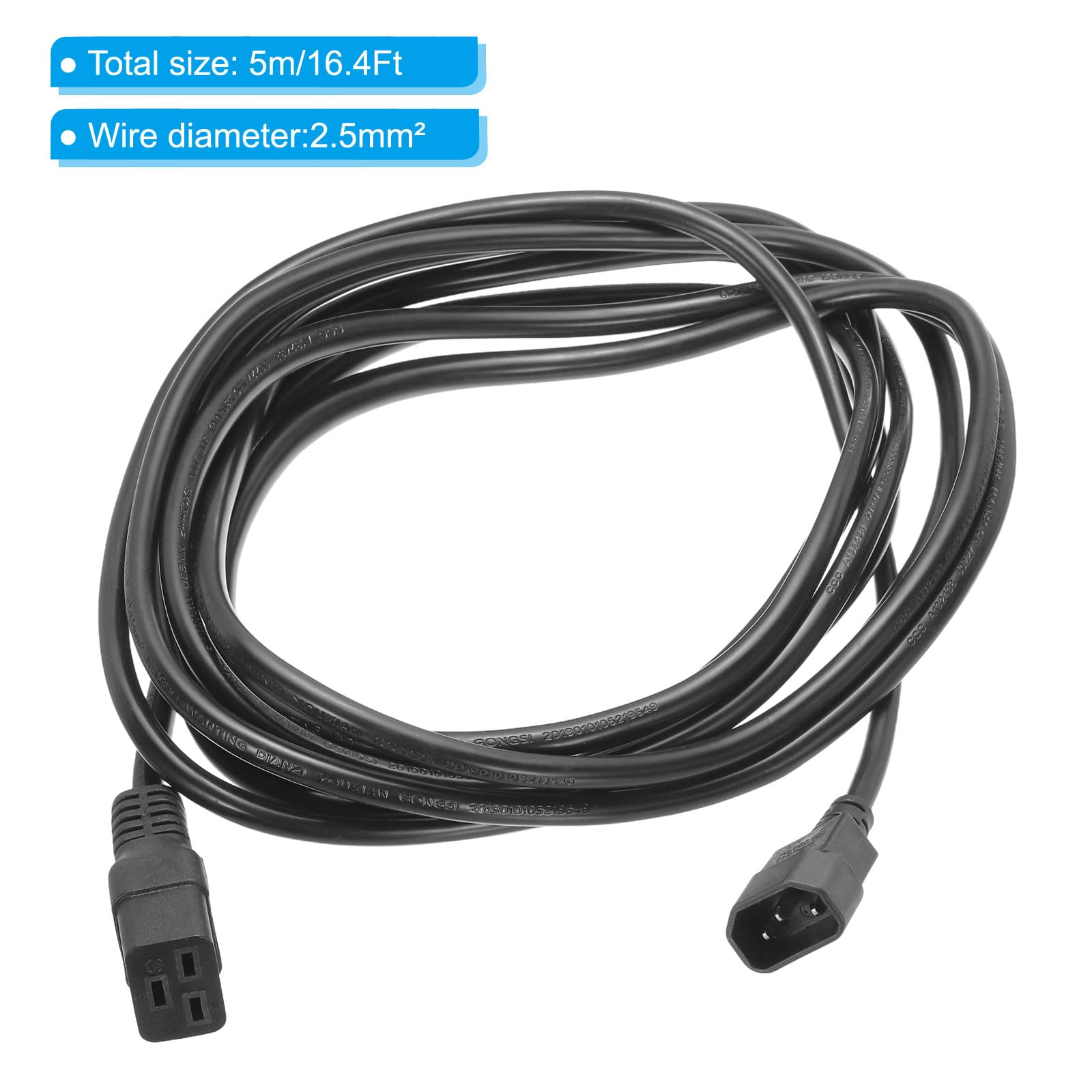 PATIKIL AC-Netzkabel Kaltgerätekabel stromkabel 3-polig C14 Stecker auf C19 Buchse 2,5mm²5m 16,4Ft 250V 10A 16A PDU-Verlängerungskabel für Laptop Elektronik Computer Drucker Radio Monitor