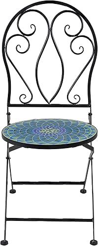 Miniatura 3 de Sunnydaze Mosaic Tile - Sillas plegables de bistró con marco de hierro, juego de 2, diseño plegable compacto, marco negro con respaldo de