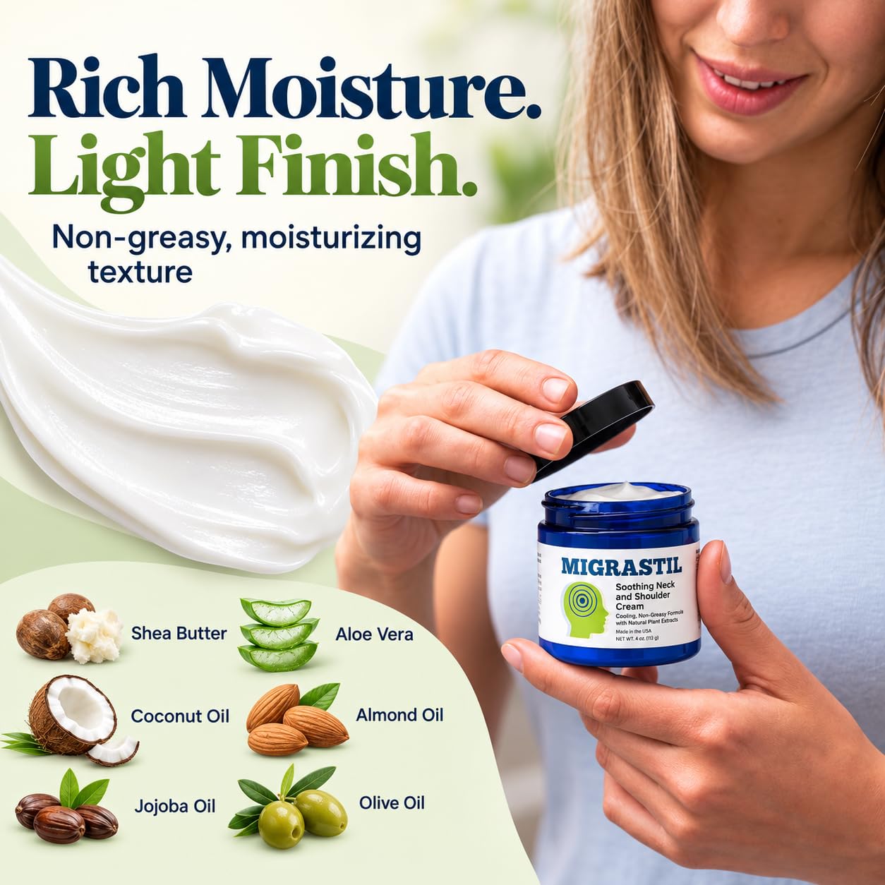 Basic Vigor Migrastil Neck & Shoulder Cream. Cooling Comfort for Migraines, Tech Neck & Tension. (4 oz.) Made in The USA. — Amazon image 5