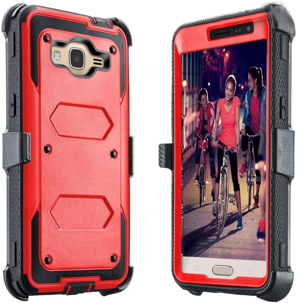 J.west Galaxy J3 Case, J3 (2016) Case, Hard Shock Absorption Full Body Rugged Hybrid Stand Holster Belt Clip Defender Phone Cover for J3, J3 (2016), J3 V, Express Prime, Amp Prime, Galaxy Sky Red