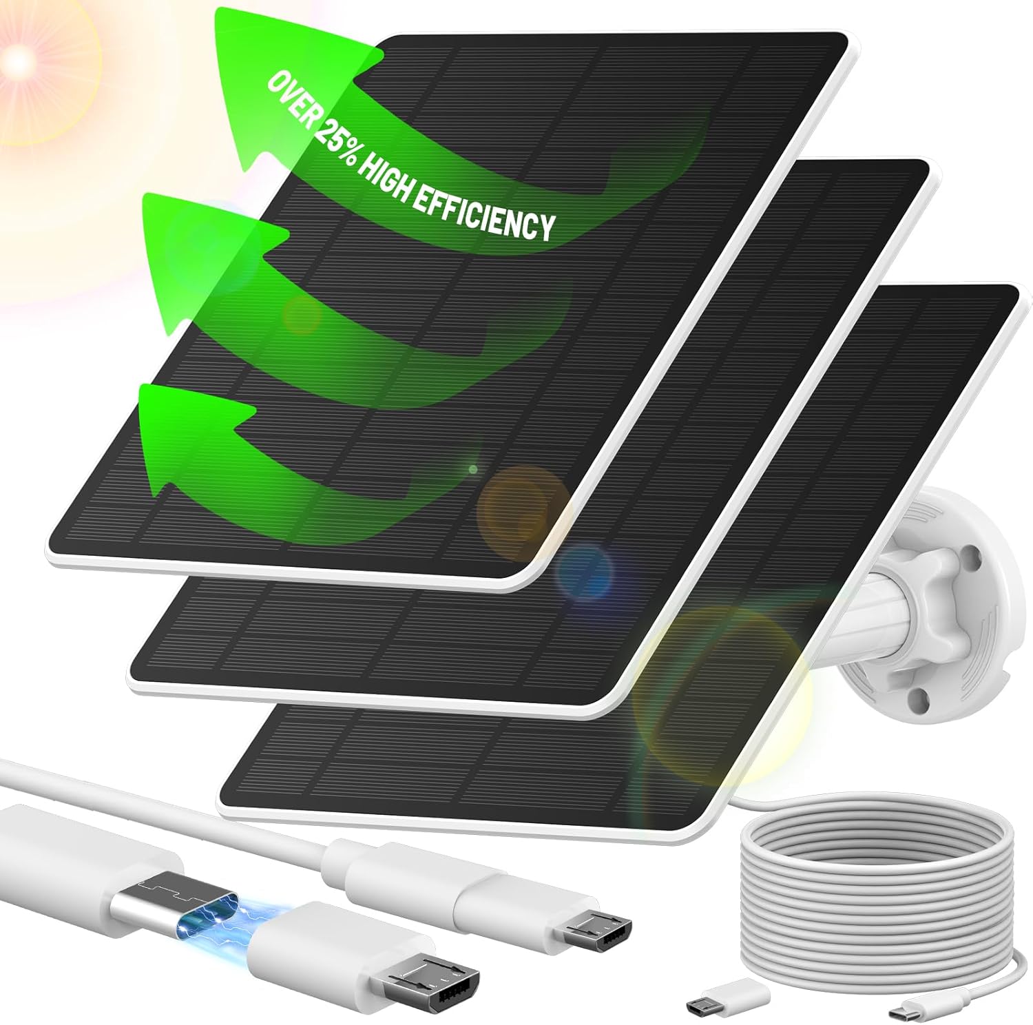 (3 Packs) Solar Panel for Security Camera Outdoor, Solar Panel with Micro USB & USB-C Port for DC 5V Outdoor Rechargeable Battery Camera, IP65 Waterproof & 9.8Ft Cable & 360° Adjustable Security Mount