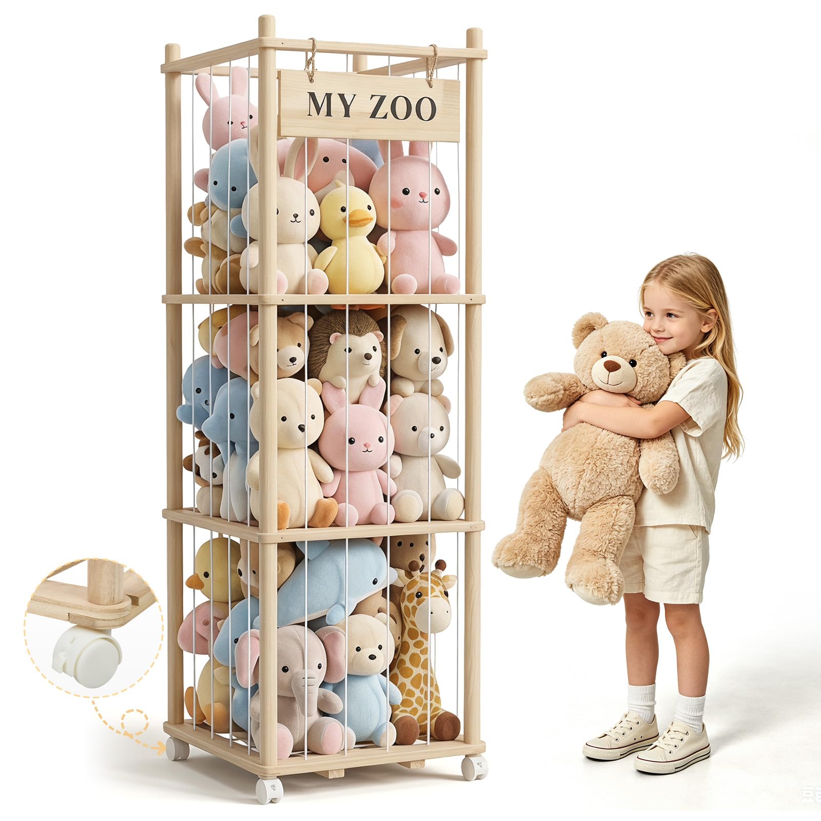 Rangement pour peluches, en bois, avec freins à 360°, grande capacité, 135 x 40 x 40 cm, pour salle de jeux, chambre d'enfant, chambre à coucher