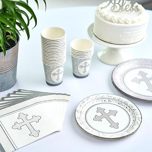 Miniatura 2 de Royal Bluebonnet Platos y servilletas grises para bautizo, juego de 24 platos de papel (7 y 9 pulgadas), servilletas y tazas, suministros
