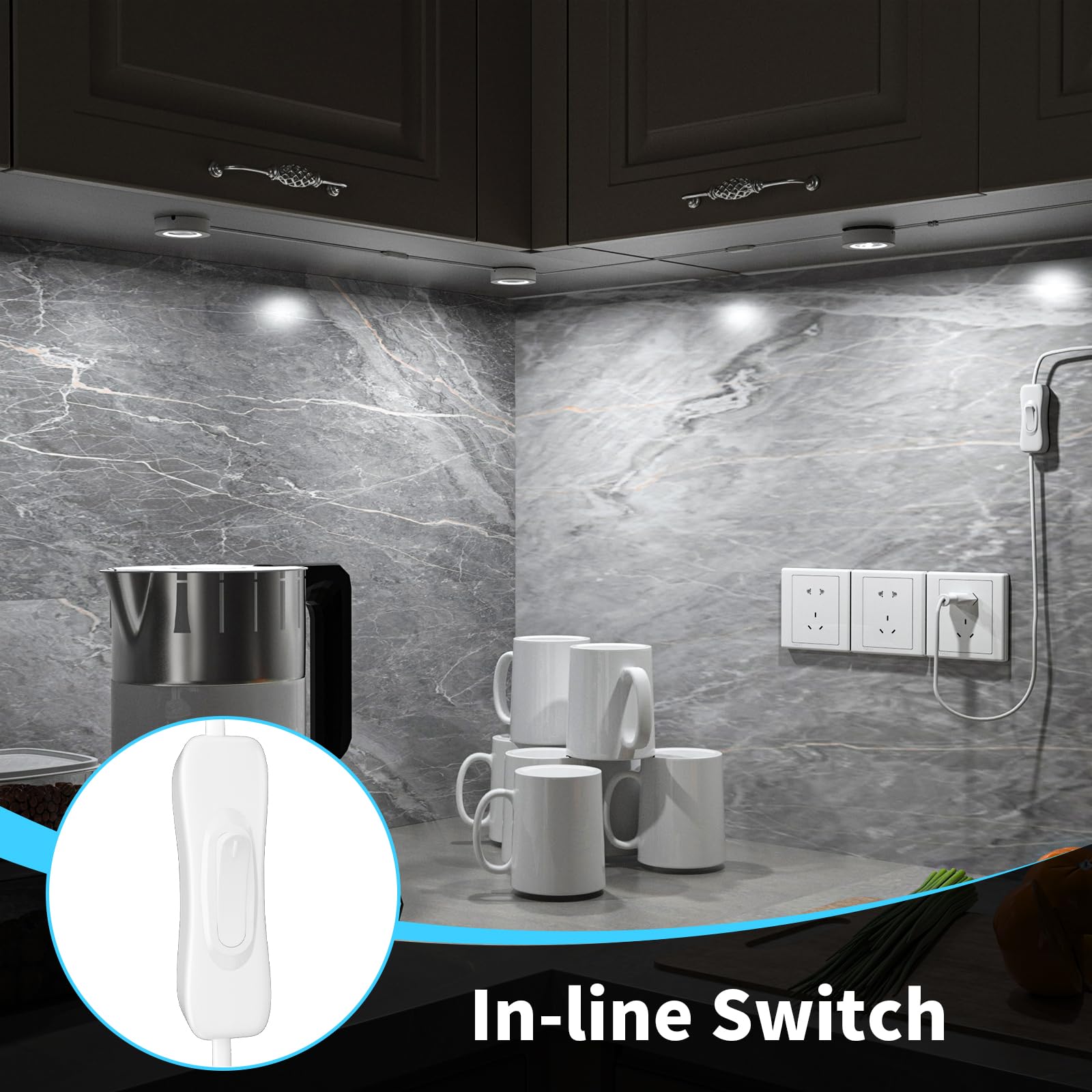 Luces cableadas para debajo del gabinete, luces LED enlazables con interruptor, iluminación debajo de la encimera para cocina, escaparate, estantería, empotrado y enchufe de pared, blanco 6000 4