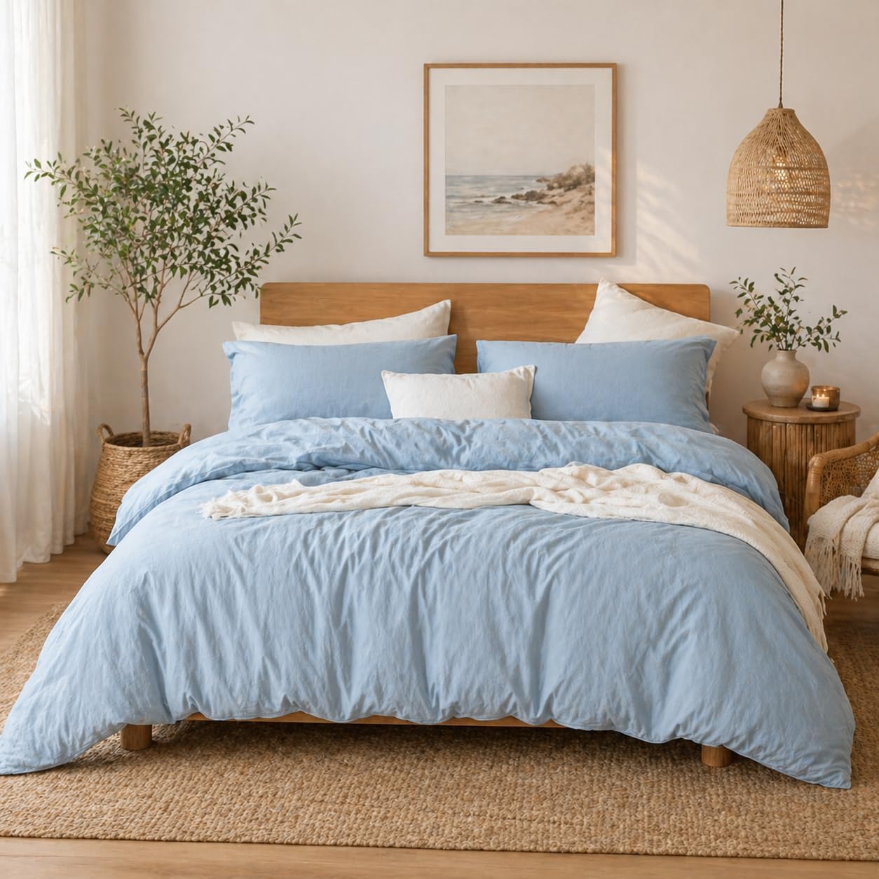 100% Washed Cotton Duvet Cover Set (King), 3 Pieces, Soft Breathable Bedding Set with Zipper Closure & Corner Ties, 1 Duvet Cover and 2 Pillow Shams (Beige)