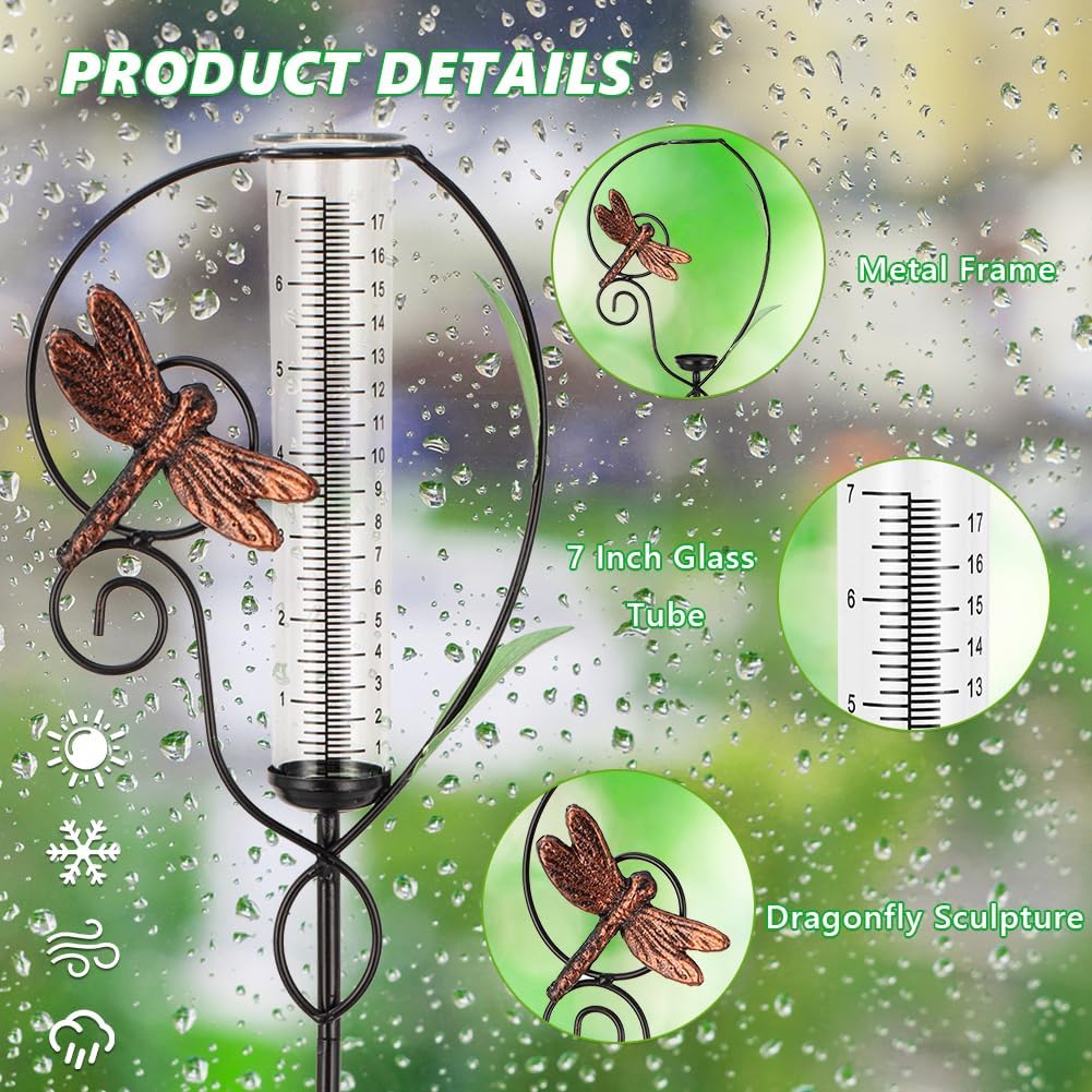 Dragonfly Rain Gauge Outdoor,Metal Rain Gauges Outdoors Best Rated with 7 inch Glass Tube,Decorative Rain Gauge with Garden Stake for Yard