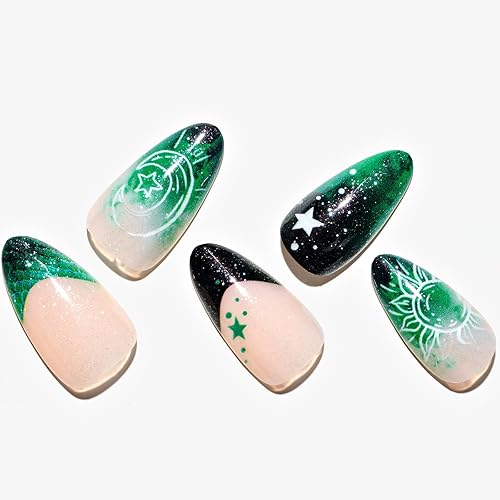 GLAMERMAID Uñas postizas a presión de almendra mediana, color verde degradado, piel de serpiente con punta francesa, pegamento en uñas de gel, 24