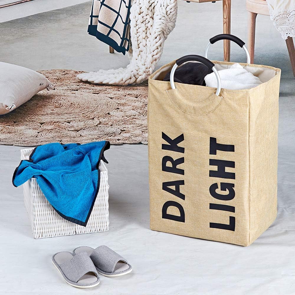 HOMEST Double Laundry Hamper with Handle, Self-Standing Modern Laundry Basket for Dorm Room, Yellow