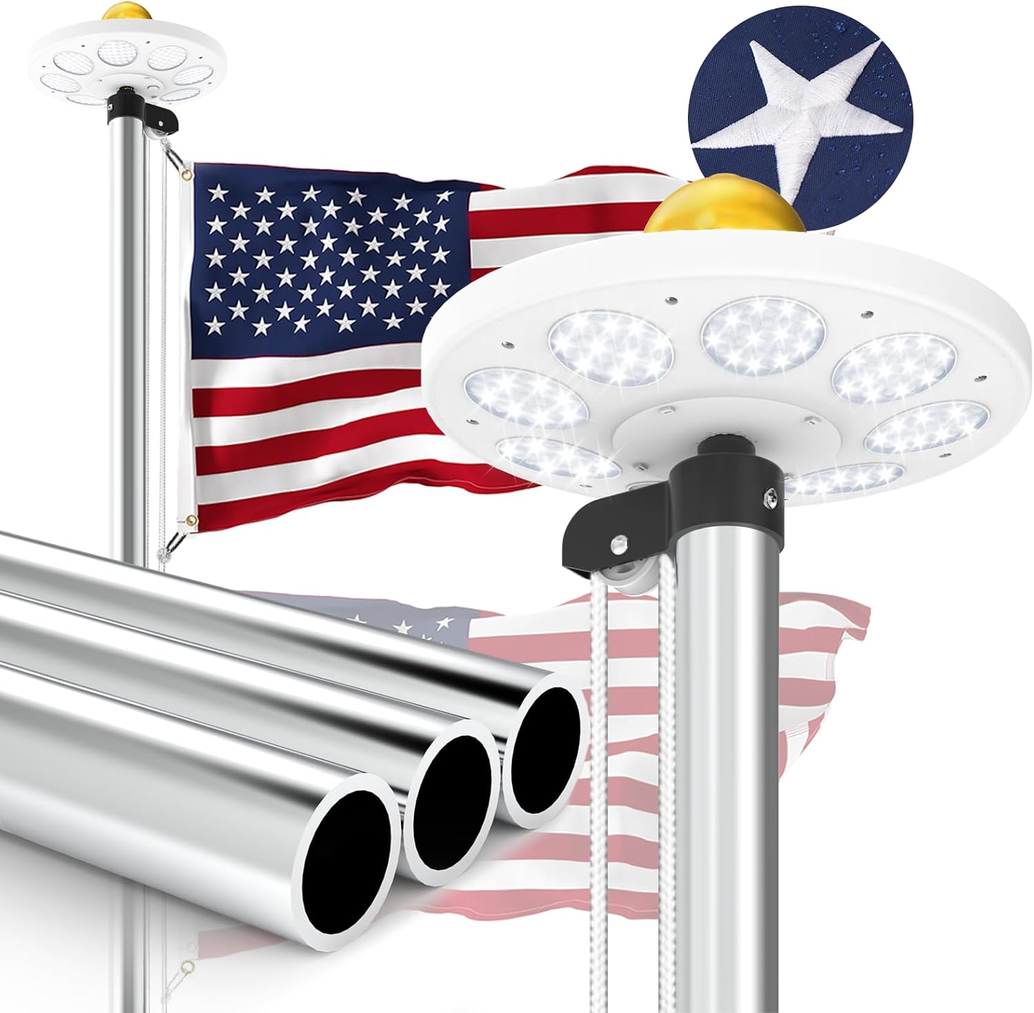 11 Gauge Heavy Duty Flag Pole Kit with 136 LED Ultra Bright Solar Light, 2.3 mm Thick Flagpole 25FT for Outside House in Ground, 300D Thickened USA Flag, 120 MPH Flagpole Kit, Silver