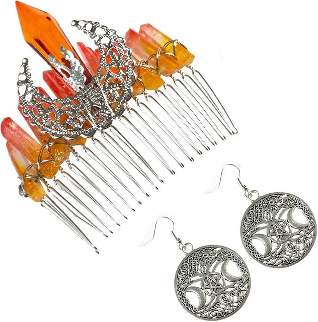 Soulnioi Natural Crystal Yellow-Orange Crystal Pillars Hair Comb Hollow Moon Hairpin and Pentagram with Moon Tree of Life Triple Moon Earrings Silver for Gift