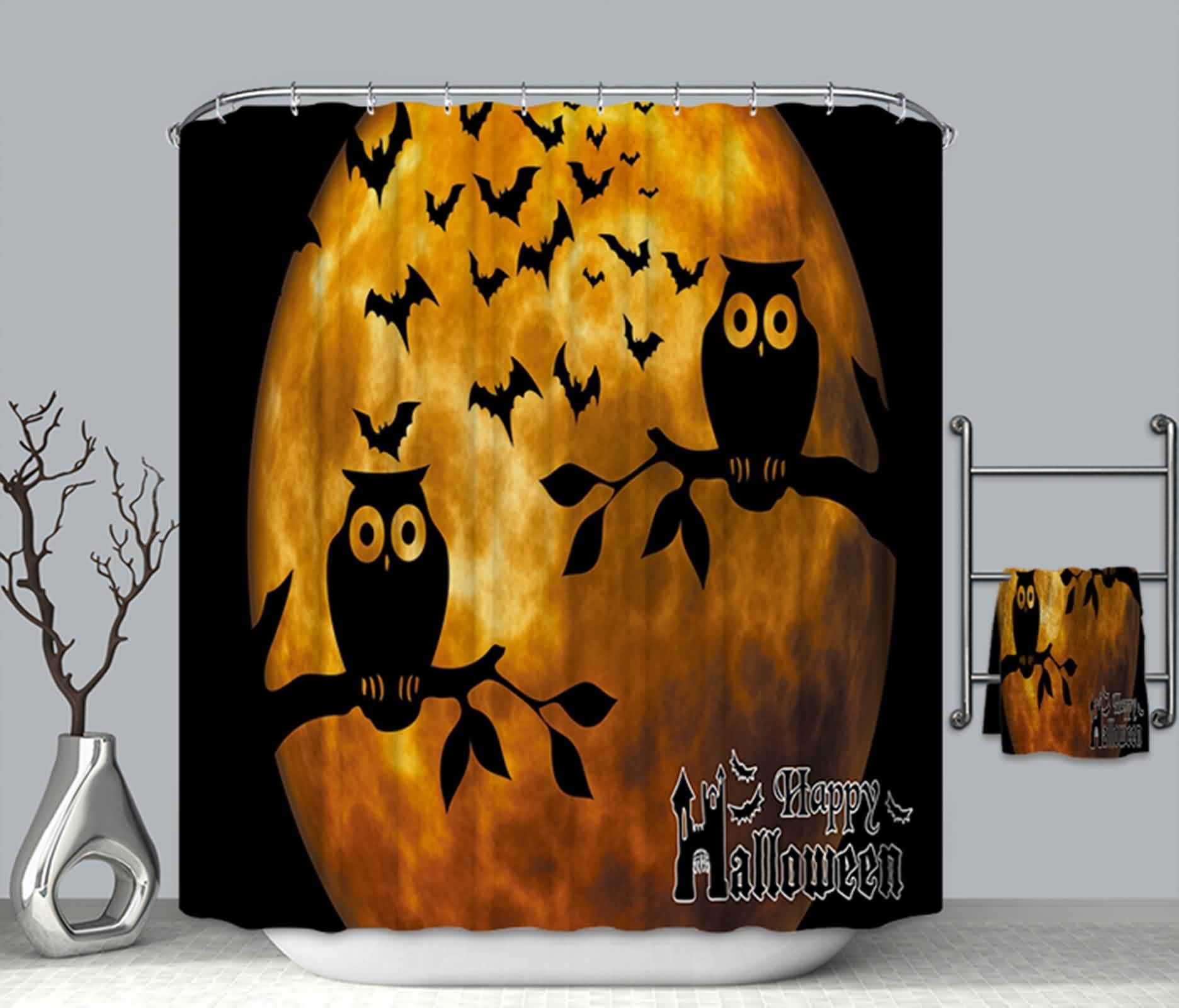 Rideau de douche en polyester hibou lune 200x180 cm pour baignoire