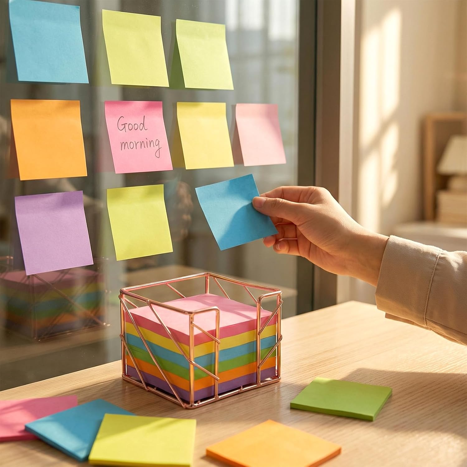 Rose Gold Sticky Note Holder, Geometric Metal Post Note Memo Organizer