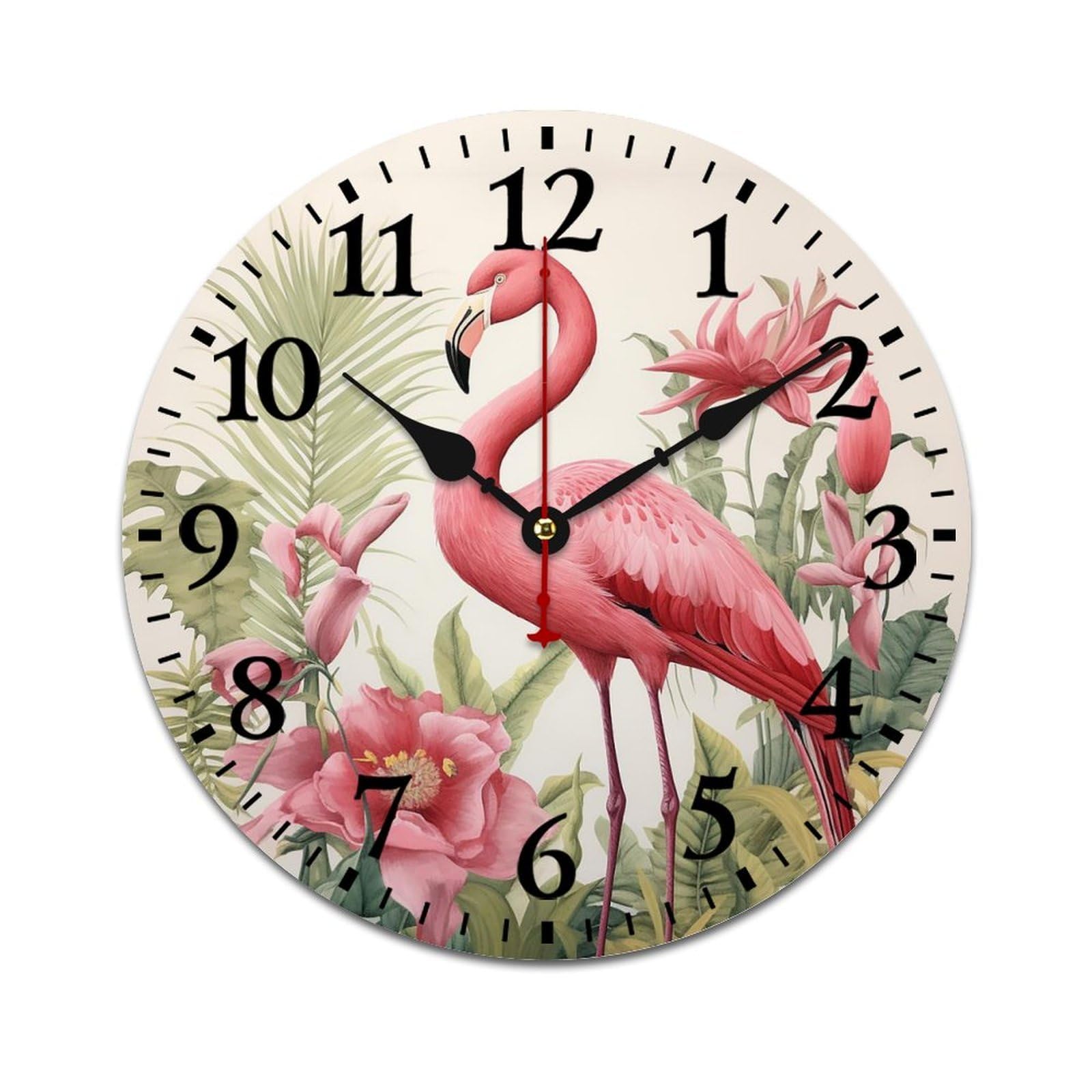 NTVOWPZO 10 Inch Wall Clock Wooden Flamingo and Leaves Battery Operated Wall Clocks Silent Non-Ticking Square Wall Clock for Living Room Kitchen Home Office Wall Decorative Clocks