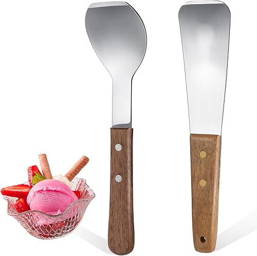Patelai 2 piezas de pala de helado de acero inoxidable con mango de madera, pala de mantequilla para postre, pala de metal plano para comedor,