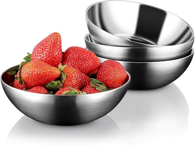 Miusco Premium 304 18/8 Stainless Steel Bowl Set of 4, Unbreakable Stainless Steel Cereal Bowls, Food Grade Bowls Set for Salad, Fruit, Noodle, Snack, BPA Free, 14cm
