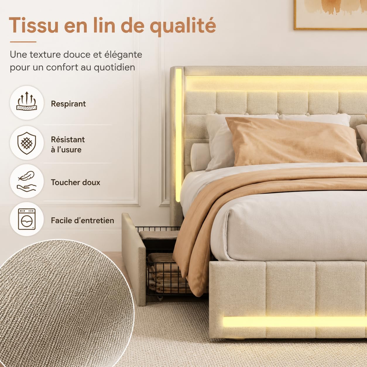 Łóżko tapicerowane 180 x 200 cm z miejscem do przechowywania, podwójne łóżko z przyłączem USB i oświetleniem LED, łóżko młodzieżowe z 4 szufladami, rama łóżka z zagłówkiem i stelażem, materiał lniany
