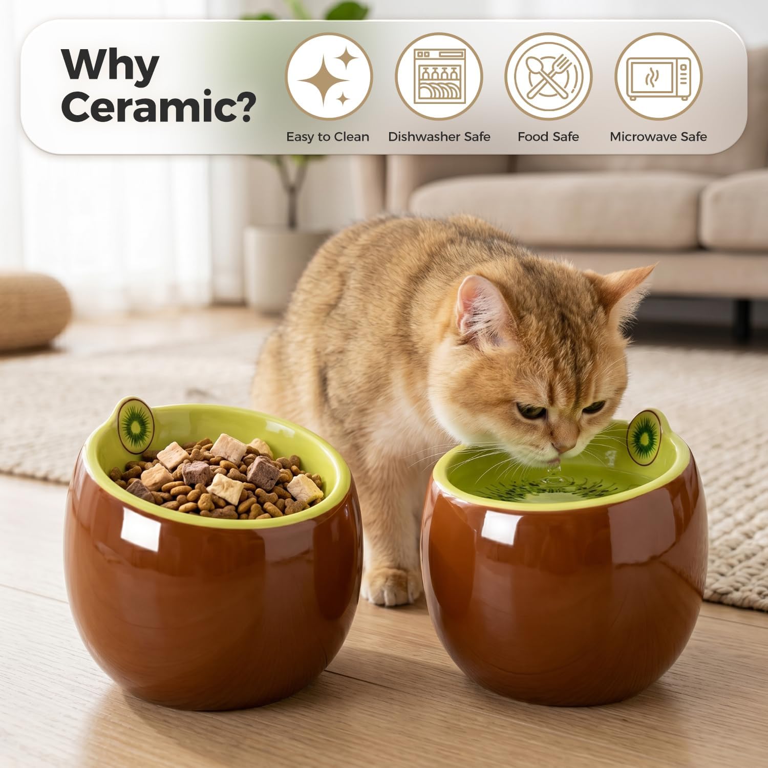 Kiwi Elevated Ceramic Cat Bowls, 15° Tilted Raised Pet Food Bowls, Whisker & Neck Fatigue Relief Pet Dishes for Cats & Dogs