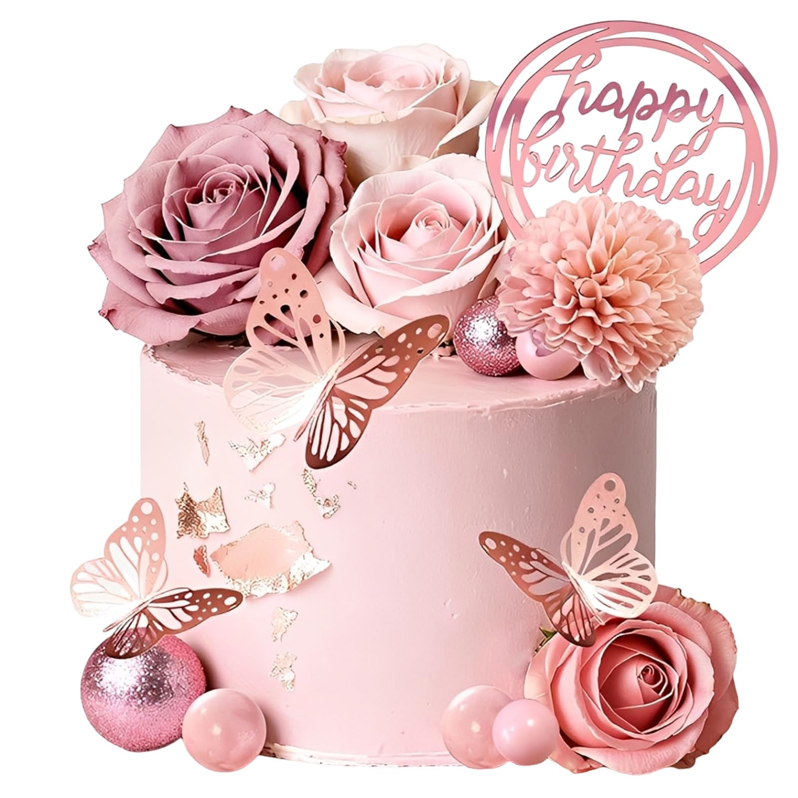 Rose Gold Flower Cake Decorations, 27 Pcs Pink Floral Cake Toppers