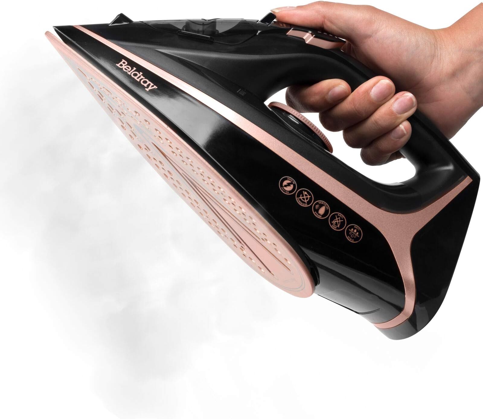 Beldray 2 in 1 Cordless Steam Iron – Wireless Iron, 300ml, Lightweight, 360° Charging Base, Ceramic Soleplate, Corded or Cordless, 2600 W, 140g/min Steam Shot, Anti-Calc Function, Rose Gold, BEL0987RG